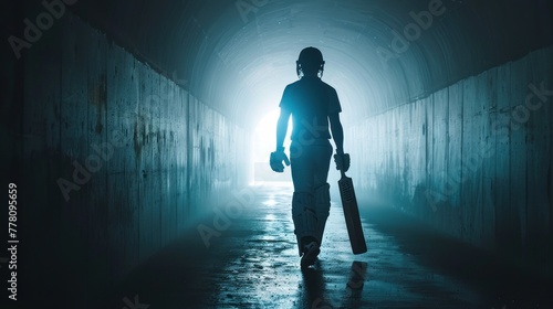 silhouette of a cricket player from behind  walking through a tunnel to ground