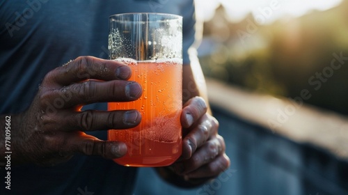 A refreshing post-run recovery drink, infused with electrolytes and vitamins to replenish hydration and support muscle recovery after a challenging workout. photo