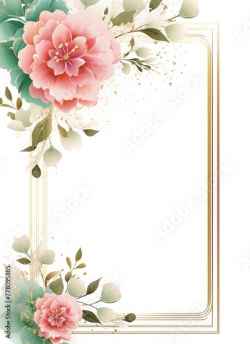 Floral frame wedding invitation greeting card. pink and green flowers around the edges of a golden rectangular frame, white background with copy space 