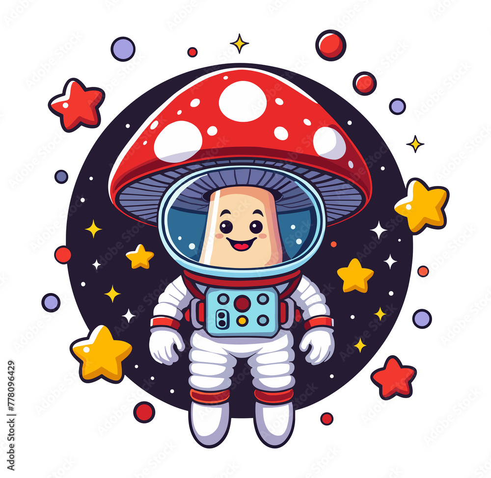 Naklejka premium Cute little kawaii mushroom in astronaut costume flies in outer space among the stars. Cartoon character for children's products. Isolated on transparent background.