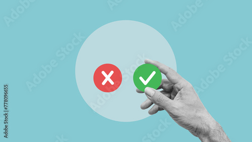 Right and wrong icons with male hand choosing the right icon on blue background. Approving, voting or right decision concept photo