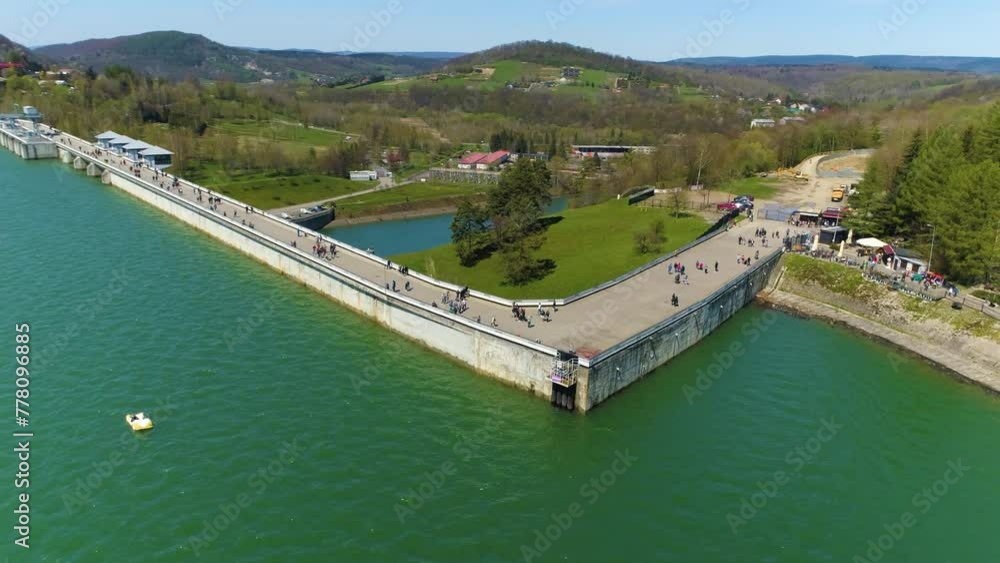 Tourists On The Water Dam On Solina Lake Bieszczady Mountains Aerial View Poland Tourists On The Water Dam On Solina Lake Bieszczady Mountains Aerial View Poland
