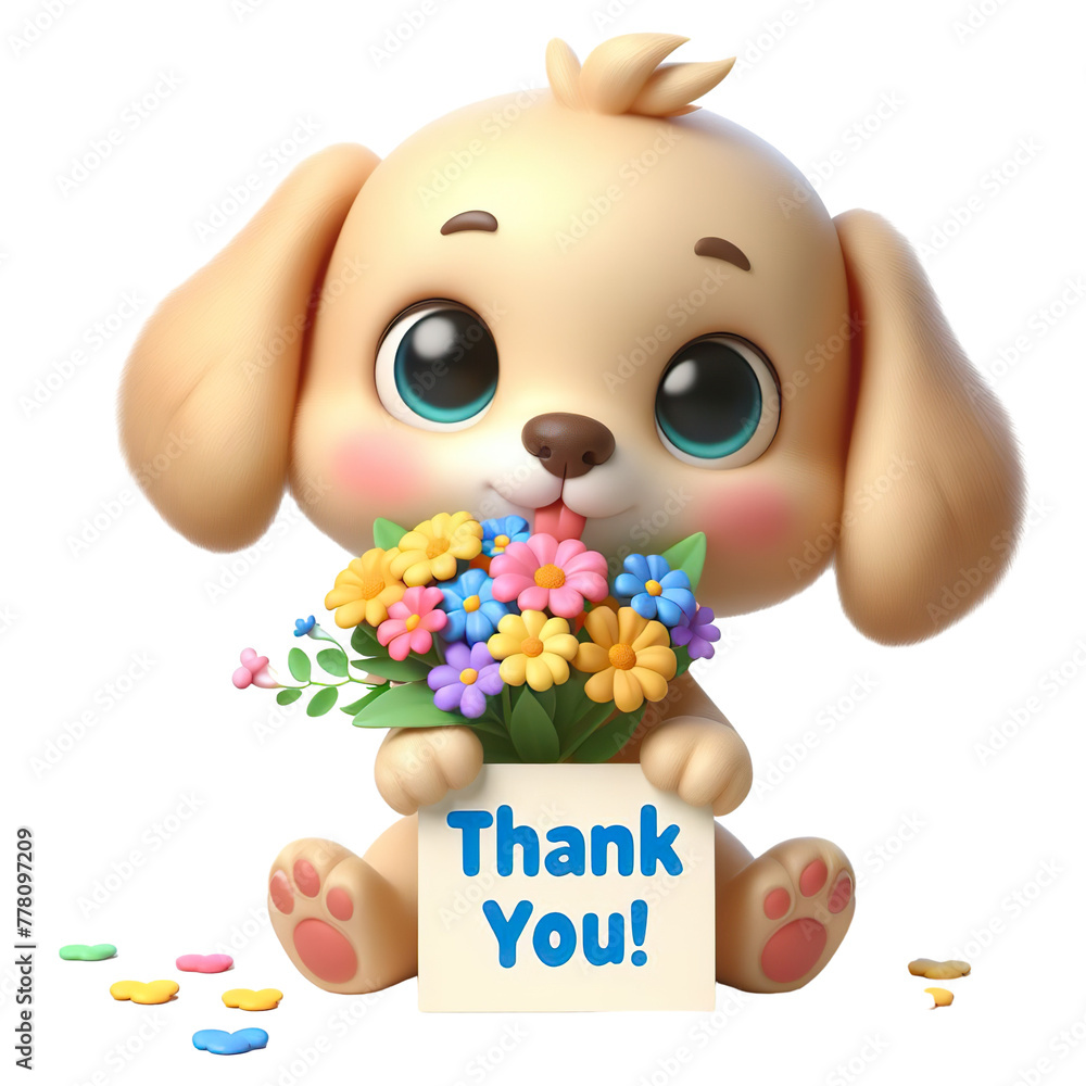 Cute character 3D image of puppy dog with flowers and saying thanks white background isolated PNG Cute character 3D image of puppy dog with flowers and saying thanks white background isolated PNG