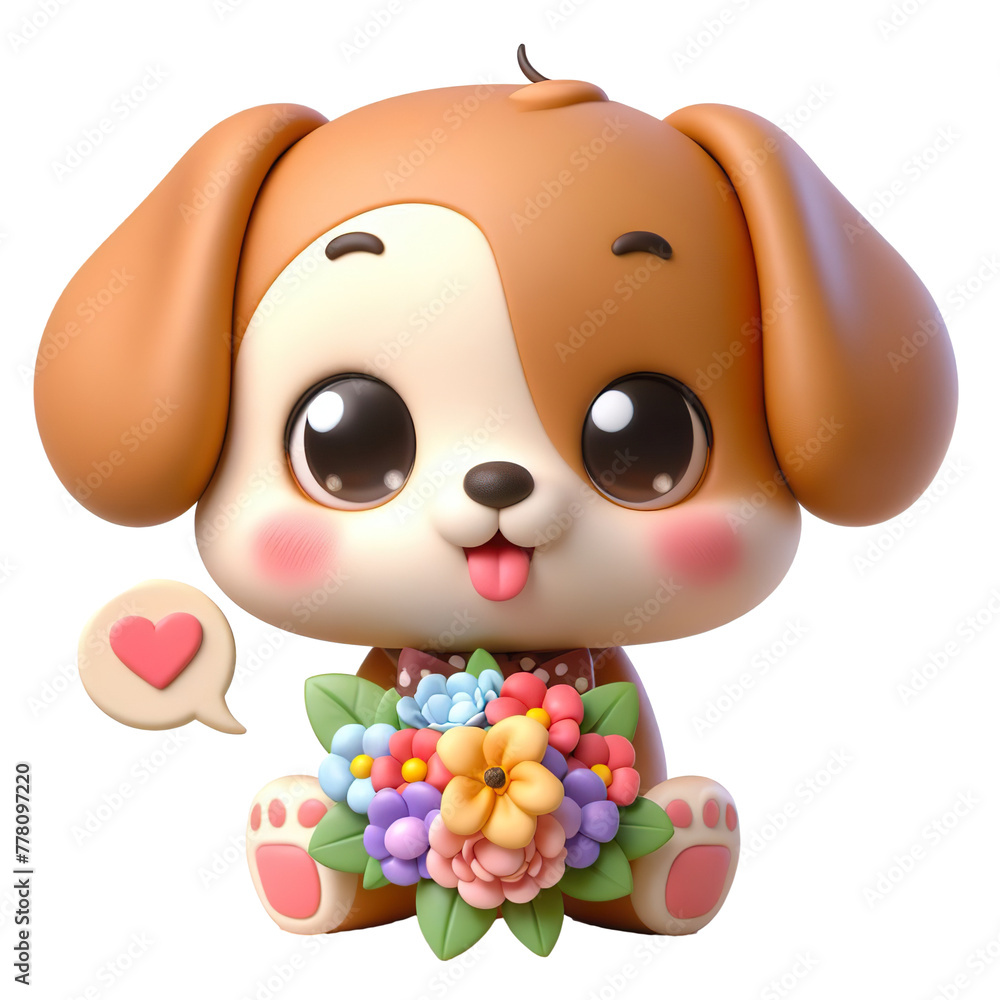 Naklejka premium Cute character 3D image of puppy dog with flowers and saying thanks white background isolated PNG