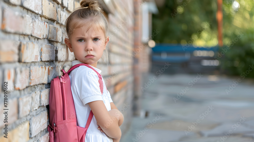 A little girl with an angry expression stands against the wall of her school A little girl with an angry expression stands against the wall of her school