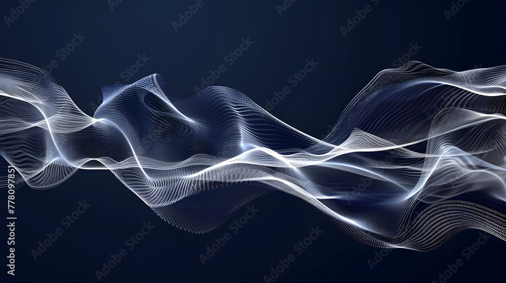 A minimalist composition of an abstract sound wave made from white mesh against a dark blue background A minimalist composition of an abstract sound wave made from white mesh against a dark blue background