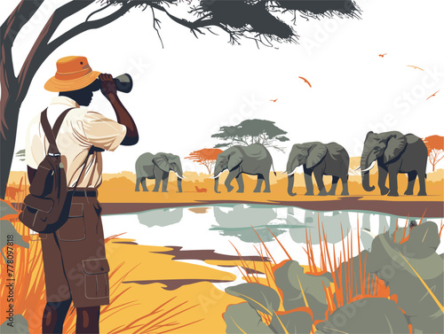 park ranger watching elephant herd