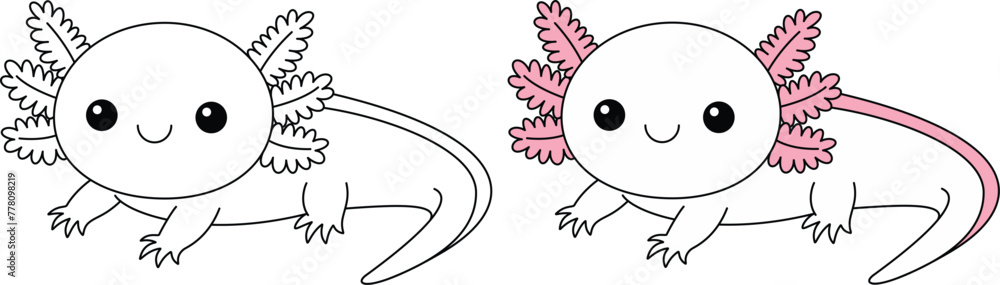 Cute kawaii axolotl cartoon character coloring page, vector printable worksheets for preschool.