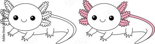Obraz na płótnie Cute kawaii axolotl cartoon character coloring page, vector printable worksheets for preschool. w salonie