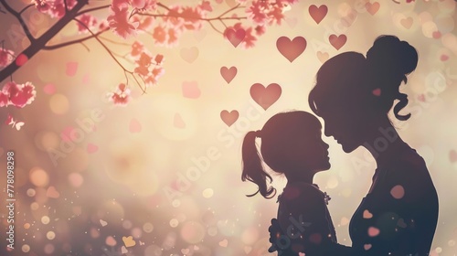 Touching Silhouette of Mother and Child Embracing Against Blurred Floral Backdrop