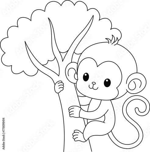 Photography Cute kawaii monkey on the tree cartoon character coloring page vector illustrati