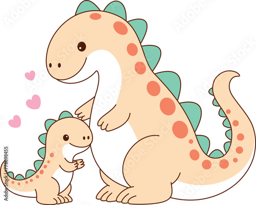 Cute kawaii cartoon character with Dinosaur mom and baby. Mother's Day vector printable worksheets for preschool.