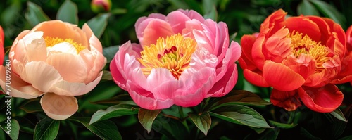Several close-ups of bright pink peony flower