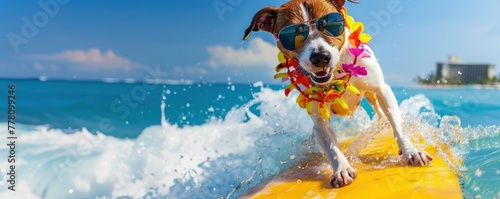 A dog with a Hawaiian shirt and sunglasses surfing in the water on a yellow surfboard under a blue sky © Image