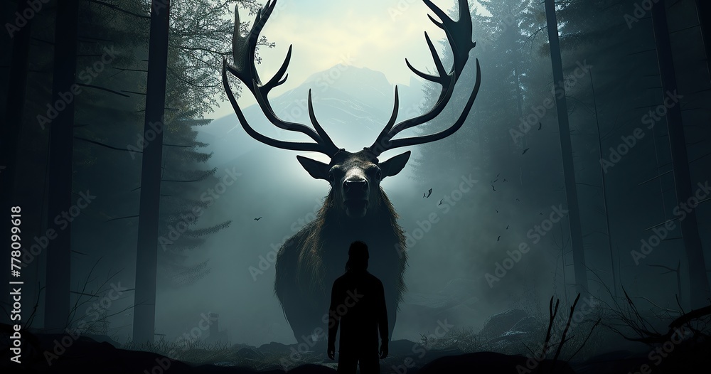 photo taken from behind head of a massive stag staring at distant cavemen evening forest