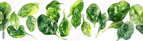 Watercolor spinach leaves, a flurry of superfood greens against a stark white backdrop photo