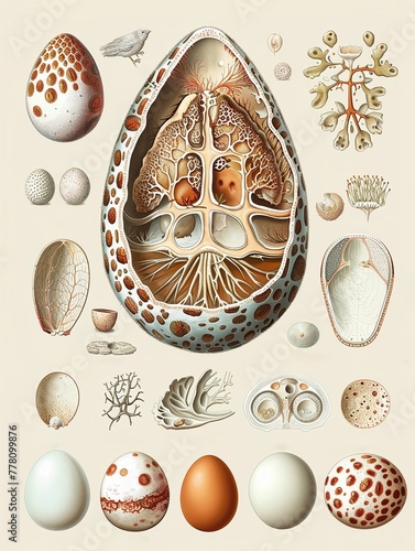 Detailed illustration of an eggs anatomy with intricate shading and labeling of its different components photo