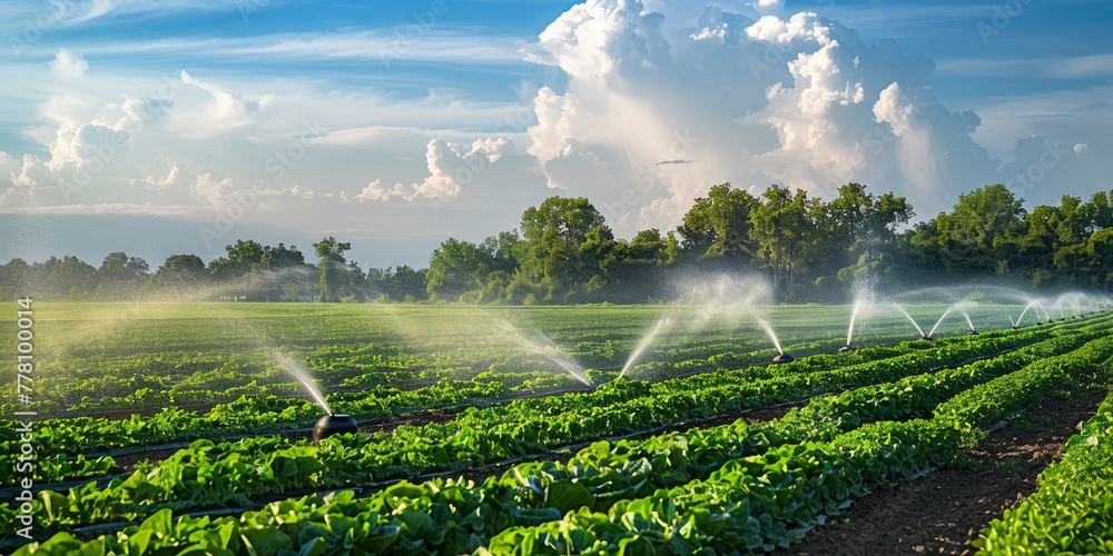 Many sprinklers are sprinkling water on the veggies in a sizable vegetable field. - obrazy, fototapety, plakaty 