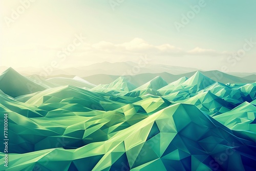 A serene geometric landscape, featuring rolling hills and valleys composed of triangular facets