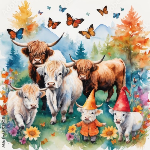 fantasy background, buffalos and yaks, portrait, cute, graphic, painting, funny
