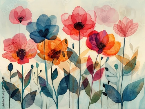 Vibrant Watercolor Silhouettes of Blooming Flowers in Fluid Hues on Soft Textured Background © Digital Artistry Den