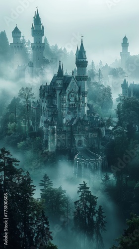 Fairytale castle shrouded in mist towers reaching for the sky