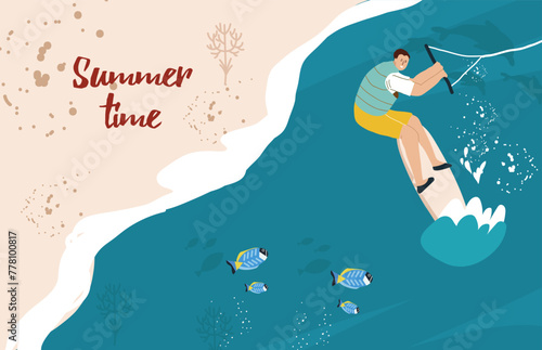 Summer time. Horizontal advertising banner on the theme of rest, relaxation, travel. Guy man riding a board, windsurfing, kiteboarding, vector hand drawn illustration.