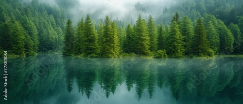 a body of water surrounded by a forest filled with lots of green trees and surrounded by a foggy sky.