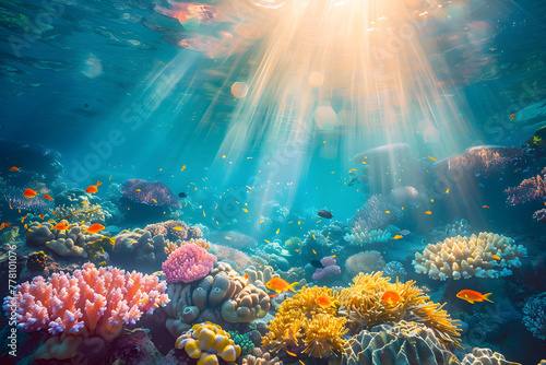 World Oceans Day celebration with a beautiful underwater view of the wild nature in the Pacific Ocean. photo