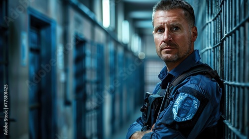 Correctional officer who patrols the premises to ensure order and security. copy space for text.