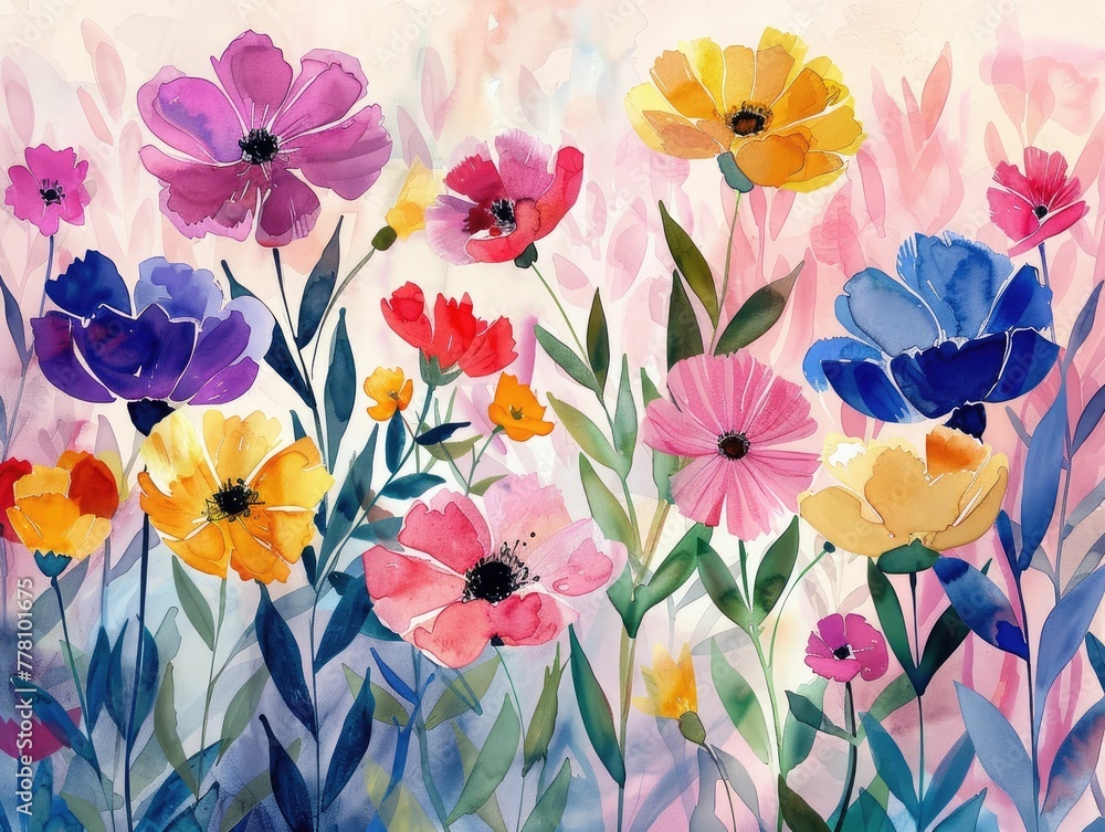Vibrant Watercolor Floral Outlines with Defined Shapes and Vibrant Colors