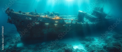 a ship in the middle of the ocean with a lot of debris on the bottom of the ship and the bottom part of the ship in the water. photo