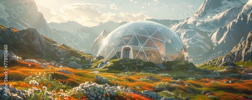 Geodesic dome amid a futuristic landscape sustainable living