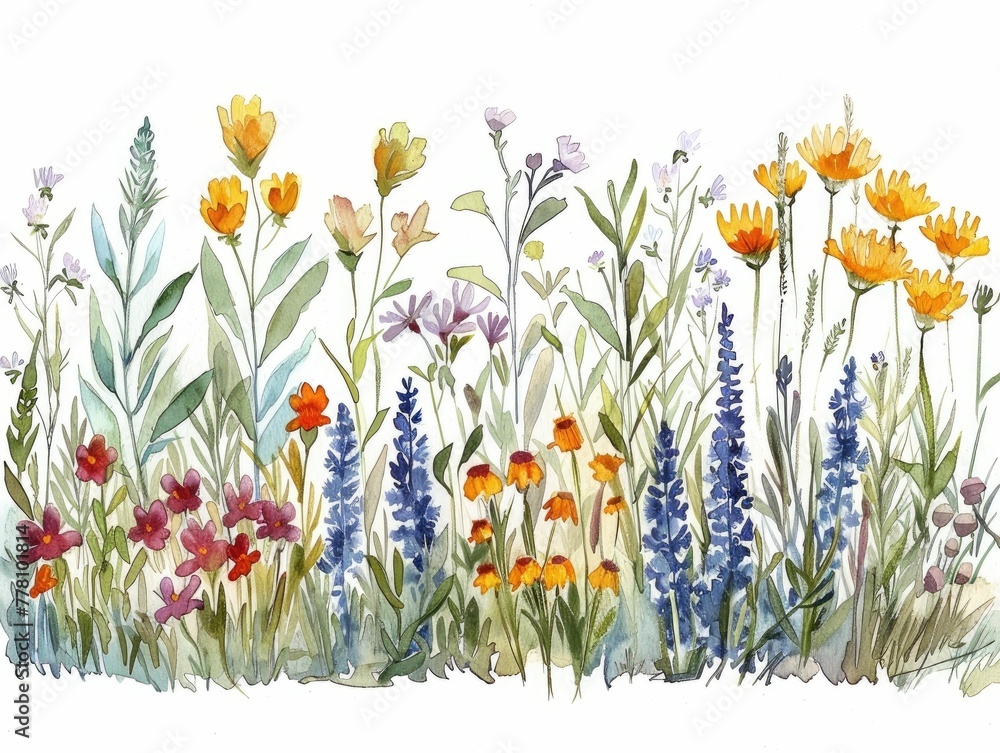 Minimalist Watercolor Flowerbed Drawing Showcasing the Elegant Essence of a Garden