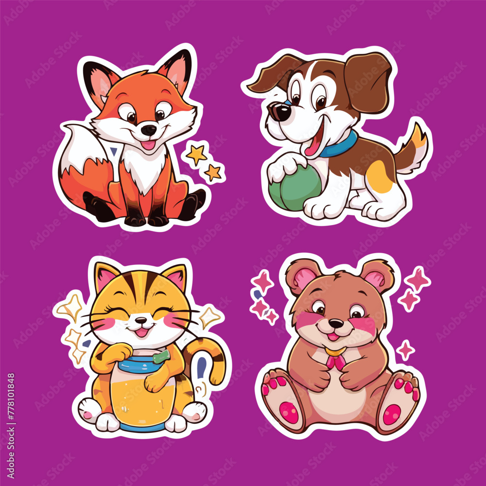 four set of cute cartoon animal stickers vector illustration Flat design. animal sticker collection vector illustration