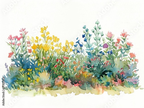 Vibrant Minimalist Watercolor Flowerbed Depicting the Essence of a Lush Garden