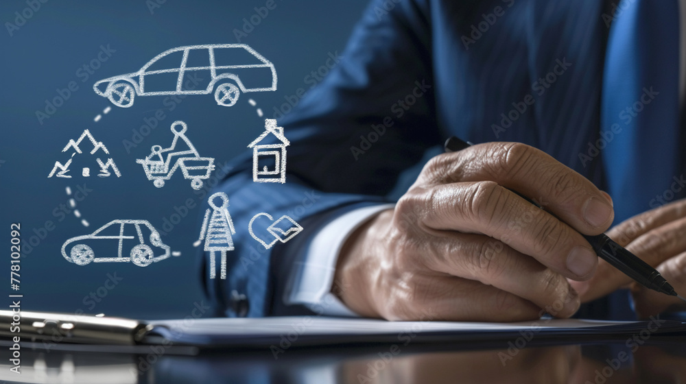 A businessman is captured in the act of drawing various insurance icons - a car, family, life, and health - each symbolizing the different facets of protection in insurance - obrazy, fototapety, plakaty 
