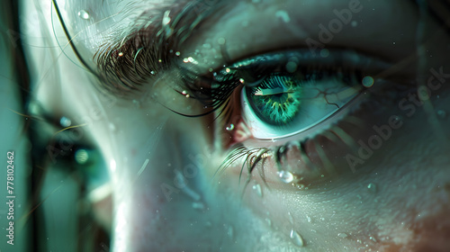 Close-up of the girl's green eye with tears