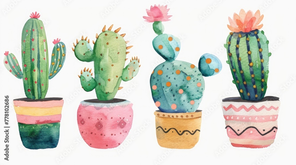 beautiful gouache paint drawing of a cactus in a cute pot on a white background.