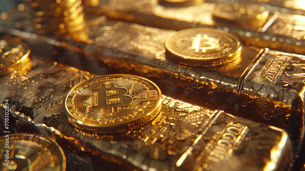 A harmonious blend of past and future, where gleaming gold bitcoin coins are displayed on classic ingots, showcasing the evolving nature of currency and its impact on global economy. A harmonious blend of past and future, where gleaming gold bitcoin coins are displayed on classic ingots, showcasing the evolving nature of currency and its impact on global economy.