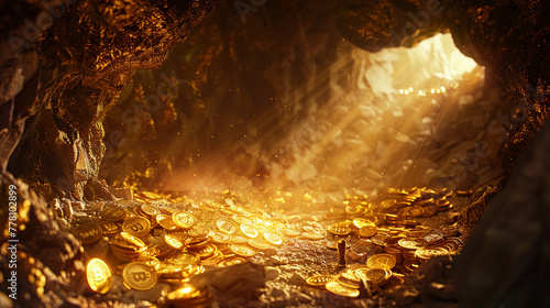 A golden cave serves as the backdrop for a striking 3D illustration of Bitcoin mining, where a pickaxe and gleaming coins tell the story of the pursuit and discovery in the cryptocurrency realm. photo