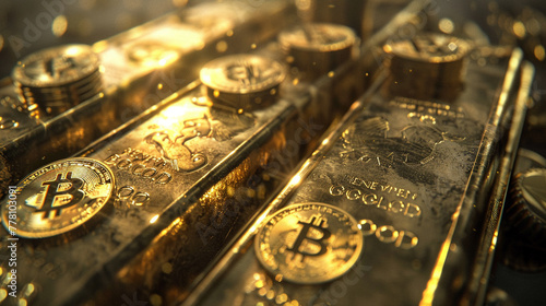 A harmonious blend of past and future, where gleaming gold bitcoin coins are displayed on classic ingots, showcasing the evolving nature of currency and its impact on global economy.