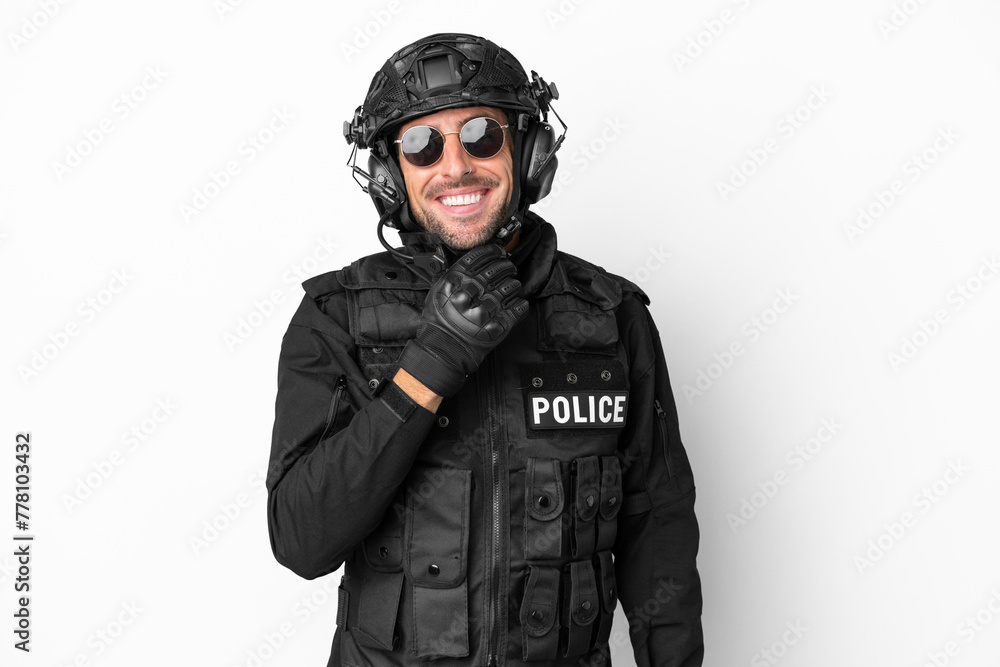 SWAT caucasian man isolated on white background with glasses and smiling SWAT caucasian man isolated on white background with glasses and smiling