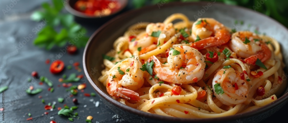a close up of a bowl of food with noodles and shrimp on a black surface with garnishes. a close up of a bowl of food with noodles and shrimp on a black surface with garnishes.