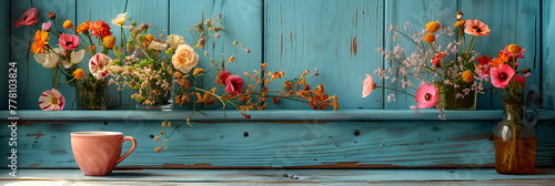 Cup of Tea and Flowers,
A backdrop with copy space featuring garden flowers placed on a blue wooden table in the background
