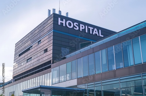 a modern hospital structure with the words HOSPITAL written in big, capital letters on the roof