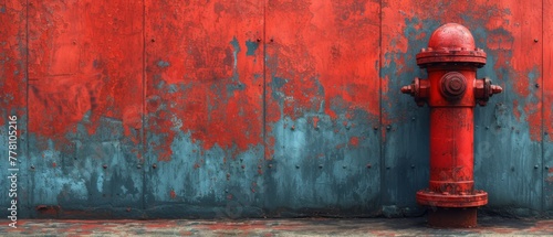 a red fire hydrant in front of a blue and red wall with peeling paint on the side of it.