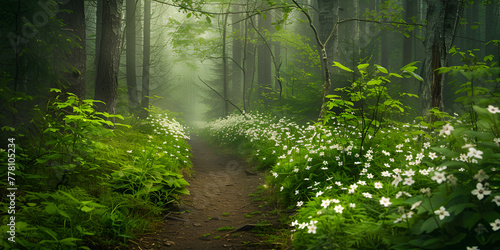 path through a forest with flowers spring landscape nature background