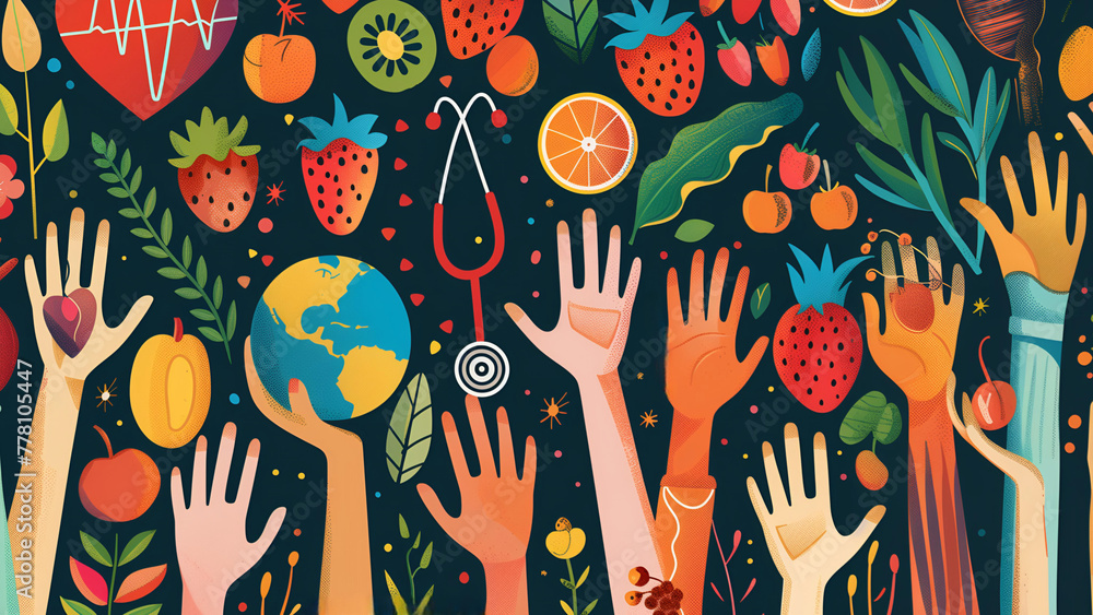  Empowering Health Hands. an illustration of diverse hands holding stethoscopes, heart globes, health books, and fresh produce. Bold colors, confident unity. WorldHealthDay - obrazy, fototapety, plakaty 