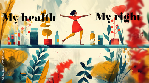 Balancing for Health Equity.A person conquers a colorful beam balancing  My Health  vs.  My Right.  Obstacles symbolize healthcare challenges  figures represent progress. world heath day 2024 concept